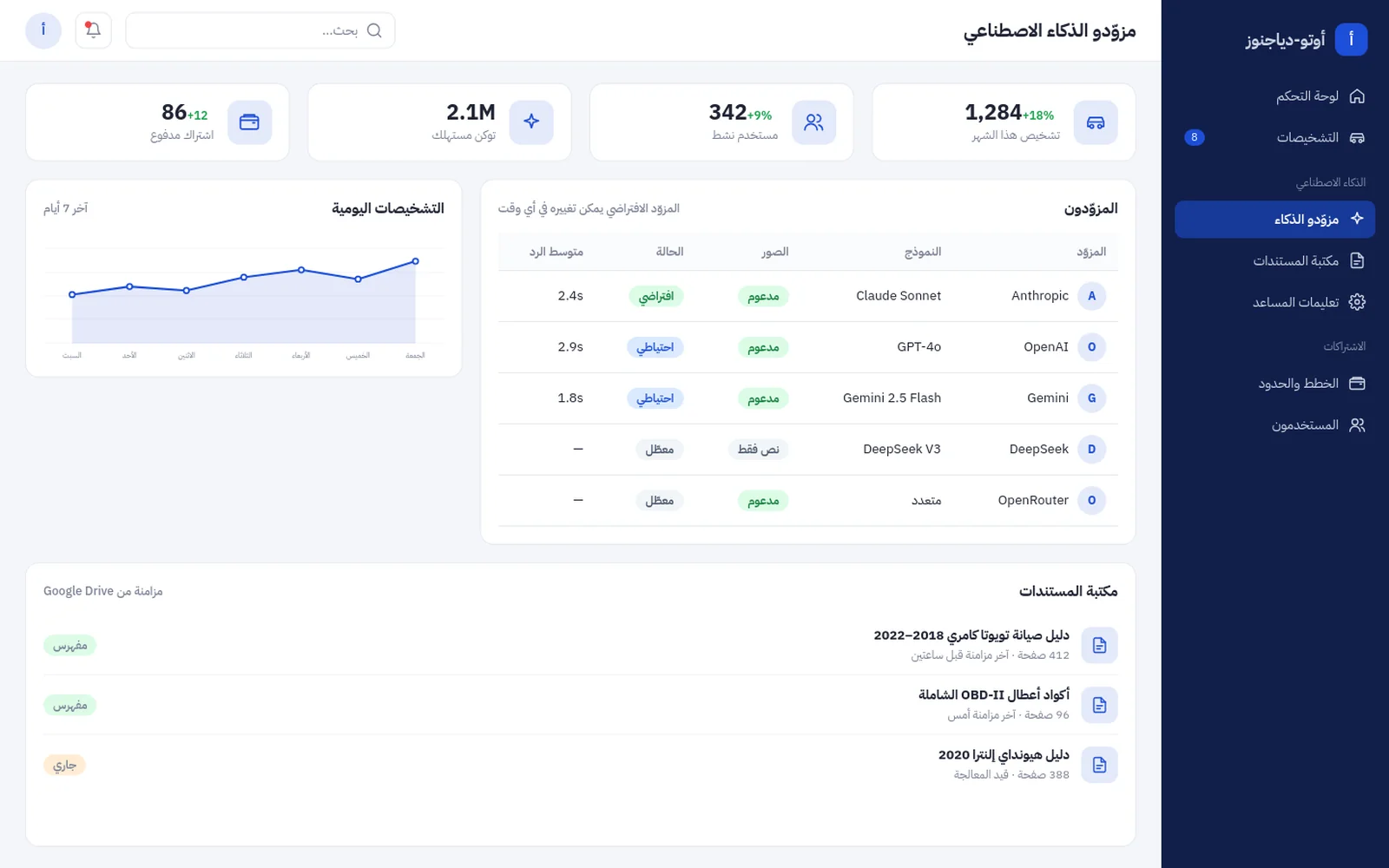 لوحة الإدارة: المزوّدون والمستندات